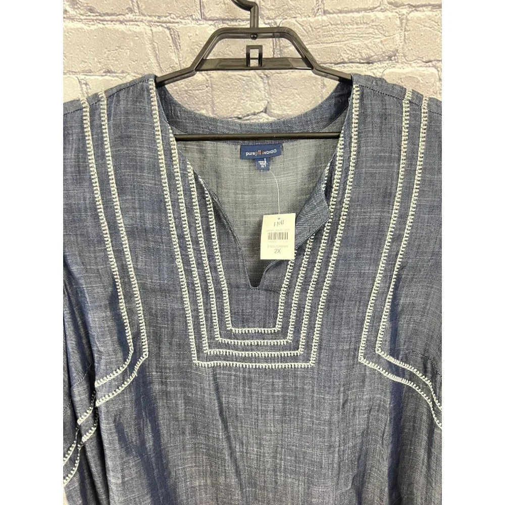 J. Jill Pure Jill Indigo 2X  Whipstitched Embroidered Dress Chambray Tencel Blue - Picture 3 of 11